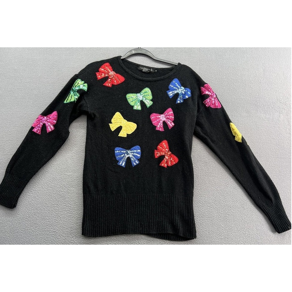 VTG I.B. Diffusion Sweater Women's Medium Sequin Bow Patch 80s Hong Kong